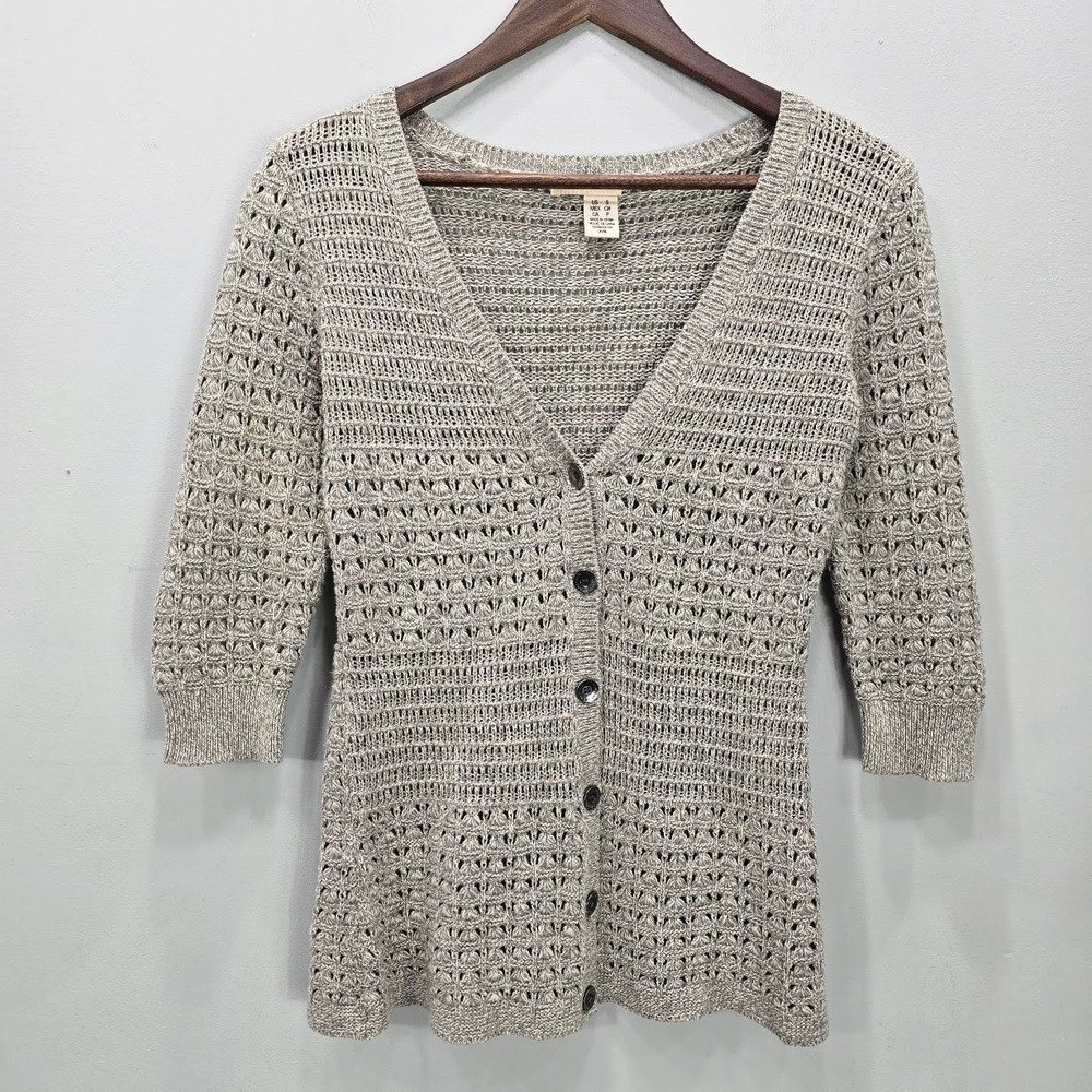 DKNY Jeans Open Knit Cardigan S Deep V Neck Coastal Beach 3/4 Sleeve Patchwork - Picture 1 of 8